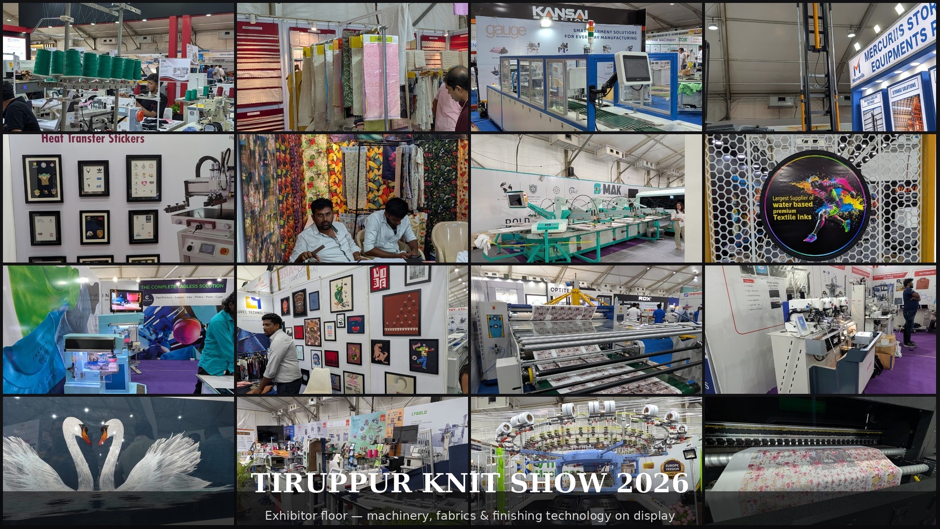 Exhibitor stalls at Knit Show 2026, Tiruppur — sewing automation, embroidery, fabric printing, packaging and screen-printing machinery on display.