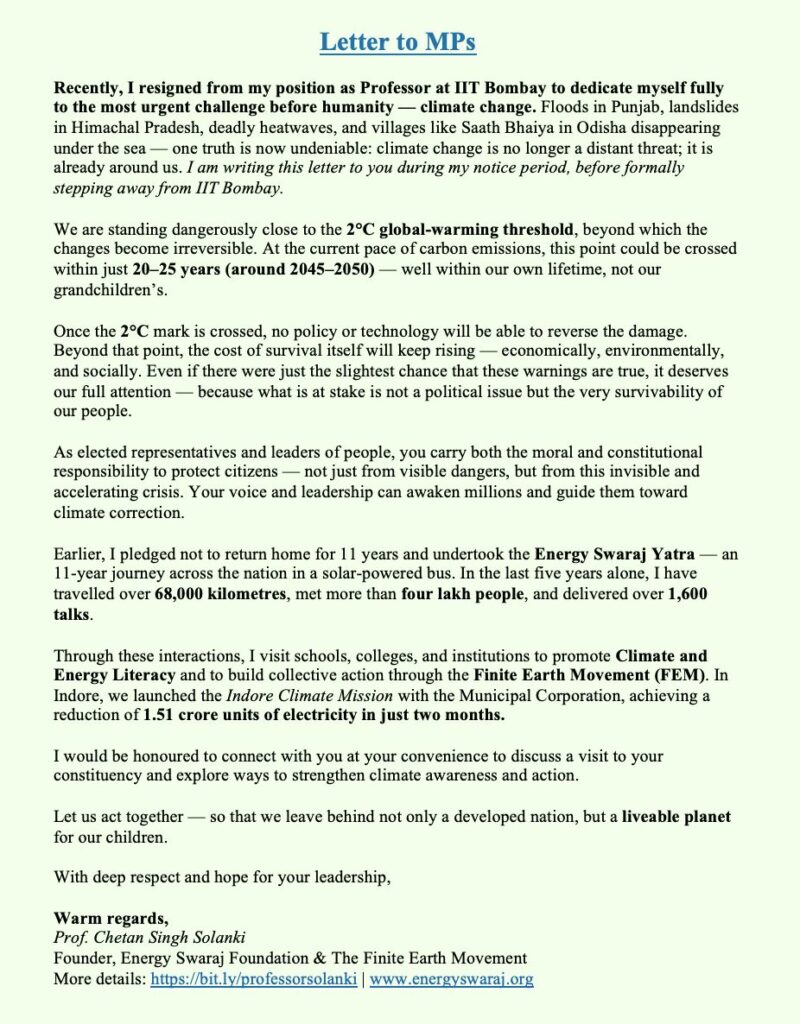 Prof. Solanki wrote 1,000 letters — one for every Member of Parliament, including the Prime Minister, Leader of Opposition, and cabinet ministers.